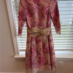 Pink and Gold Floral Sequin Fit-and-Flare Dress with Bow